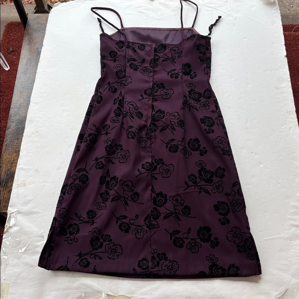 Vintage y2K 90’s Mini Dress Goth Purple Black Grunge Rose Slip NYE Velvet 6 Cute - Picture 4 of 17